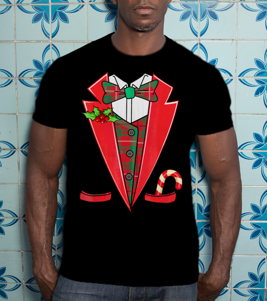 Tux Christmas Fancy Xmas Costume Red Suit Bow Candy Cane T-Shirt