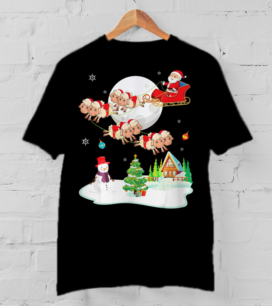 Santa Noel With Dancing Snowman And Sheep Sleigh By Moon T-Shirt