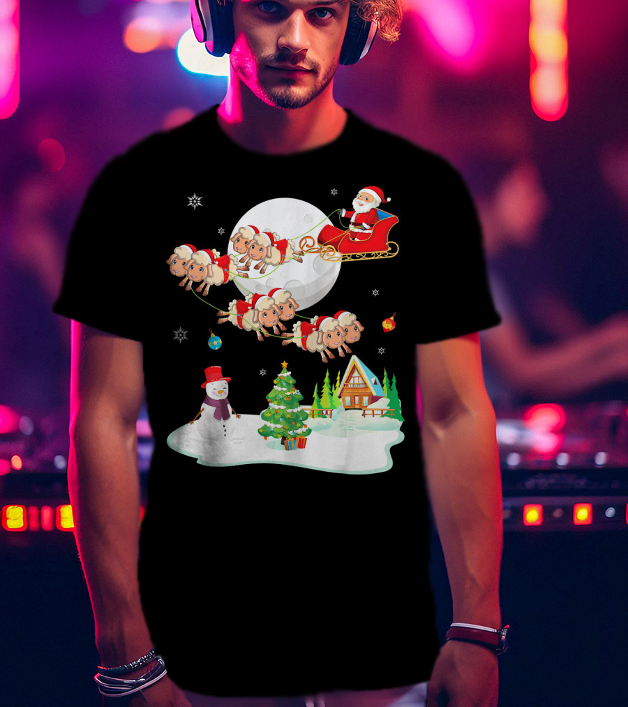Santa Noel With Dancing Snowman And Sheep Sleigh By Moon T-Shirt