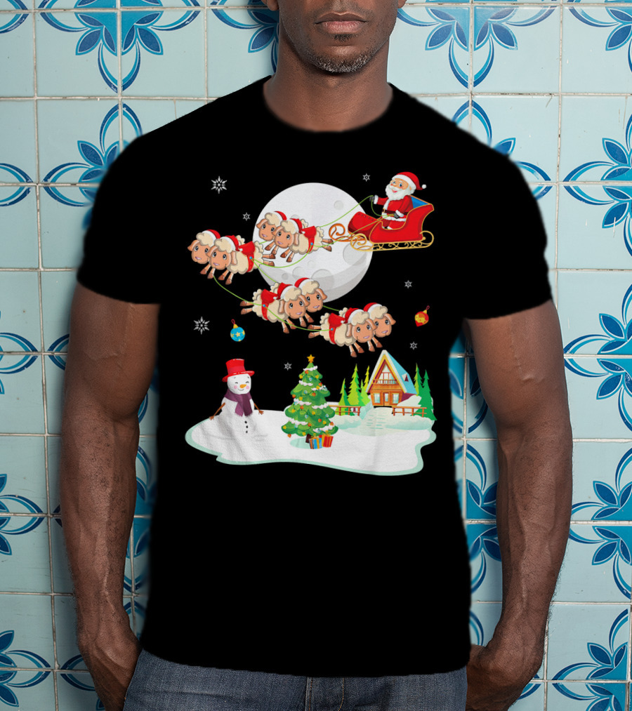 Santa Noel With Dancing Snowman And Sheep Sleigh By Moon T-Shirt