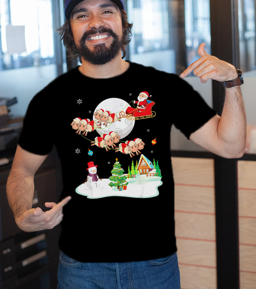 Santa Noel With Dancing Snowman And Sheep Sleigh By Moon T-Shirt