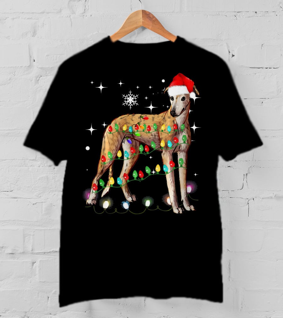 Greyhound Dog With Christmas Lights And Santa Hat T-Shirt