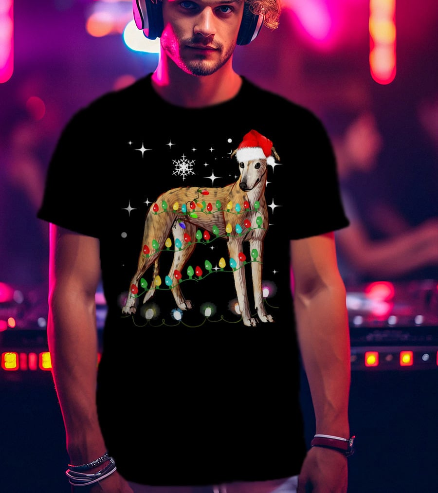 Greyhound Dog With Christmas Lights And Santa Hat T-Shirt