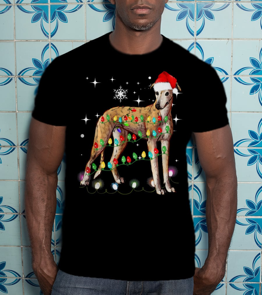 Greyhound Dog With Christmas Lights And Santa Hat T-Shirt