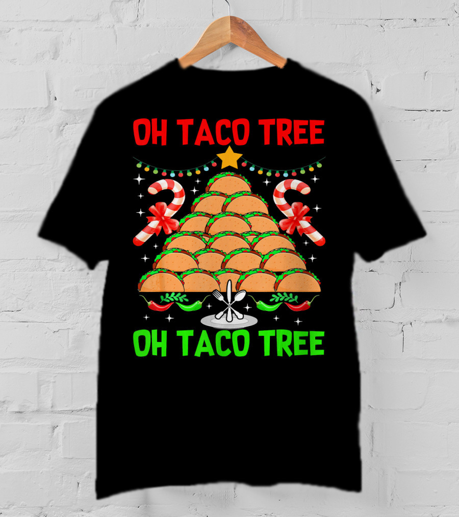 Oh Taco Tree Christmas Candy Cane Funny Party T-Shirt