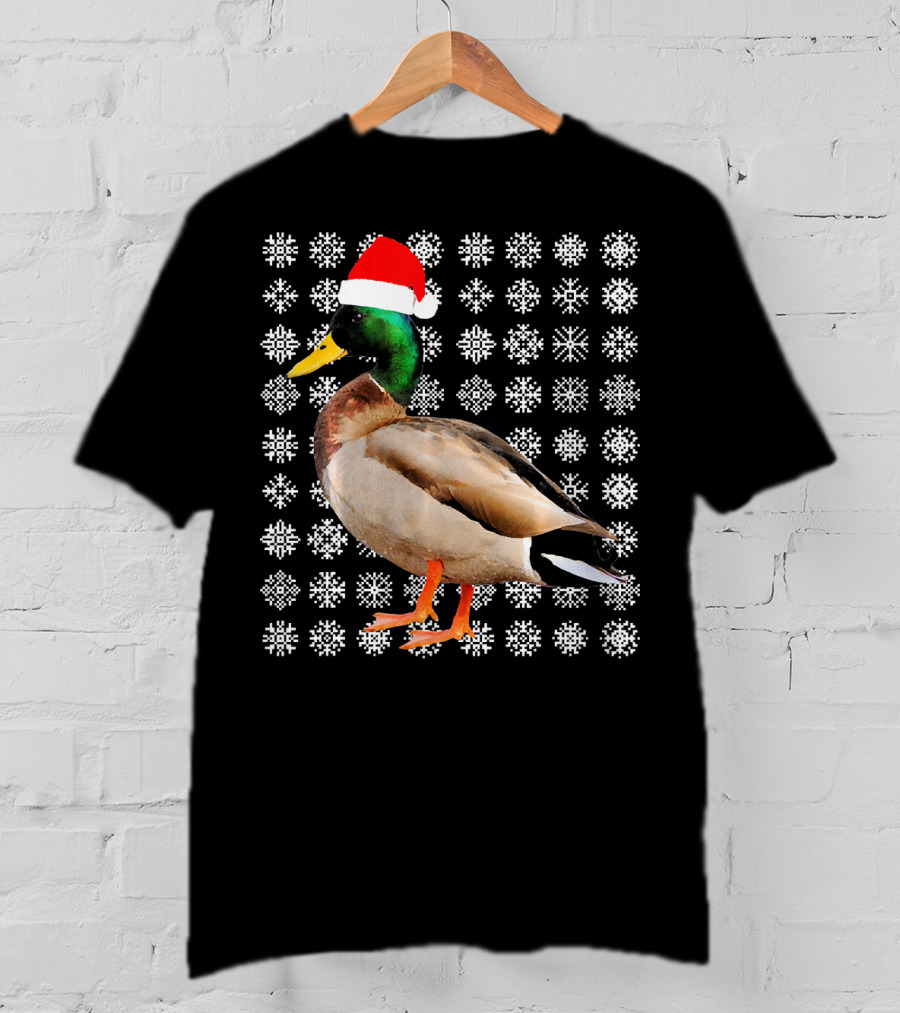 Mallard Duck In Santa Hat With Snowflake Pattern Background T-Shirt
