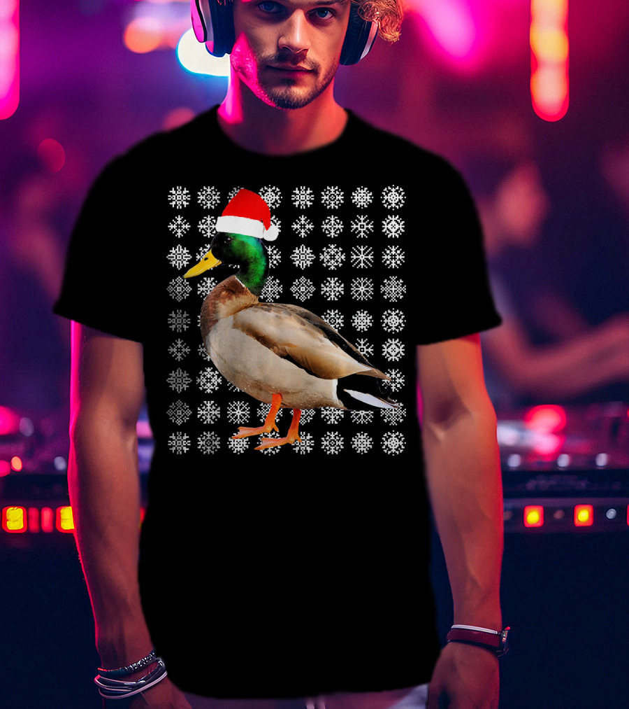 Mallard Duck In Santa Hat With Snowflake Pattern Background T-Shirt
