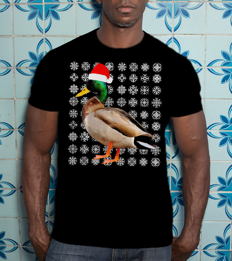 Mallard Duck In Santa Hat With Snowflake Pattern Background T-Shirt