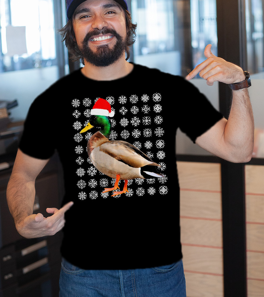 Mallard Duck In Santa Hat With Snowflake Pattern Background T-Shirt