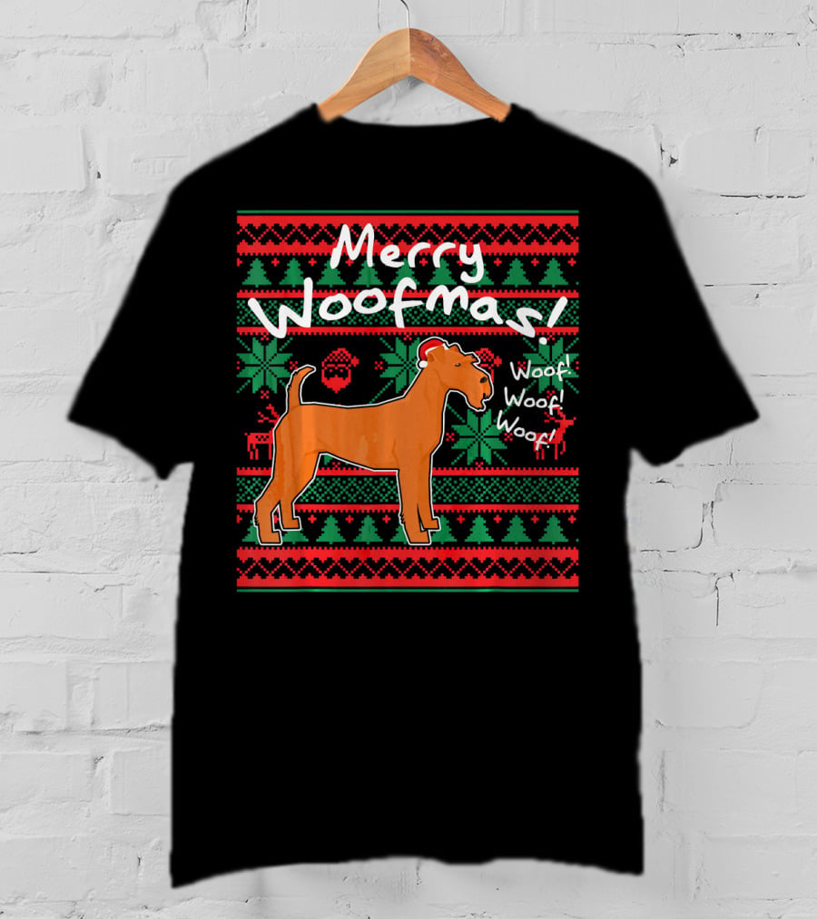 Merry Woofmas Irish Terrier Dog Woof Woof Santas Hat Fair Isle Pattern Sweater Holiday T-Shirt