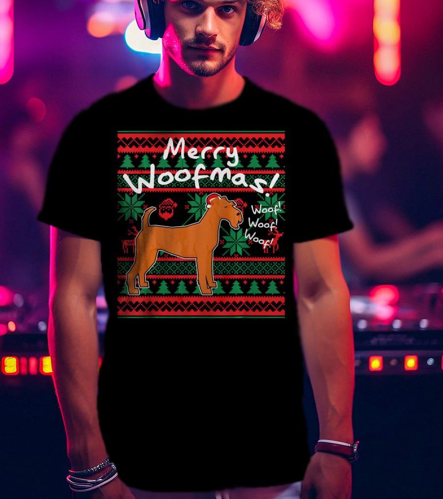 Merry Woofmas Irish Terrier Dog Woof Woof Santas Hat Fair Isle Pattern Sweater Holiday T-Shirt