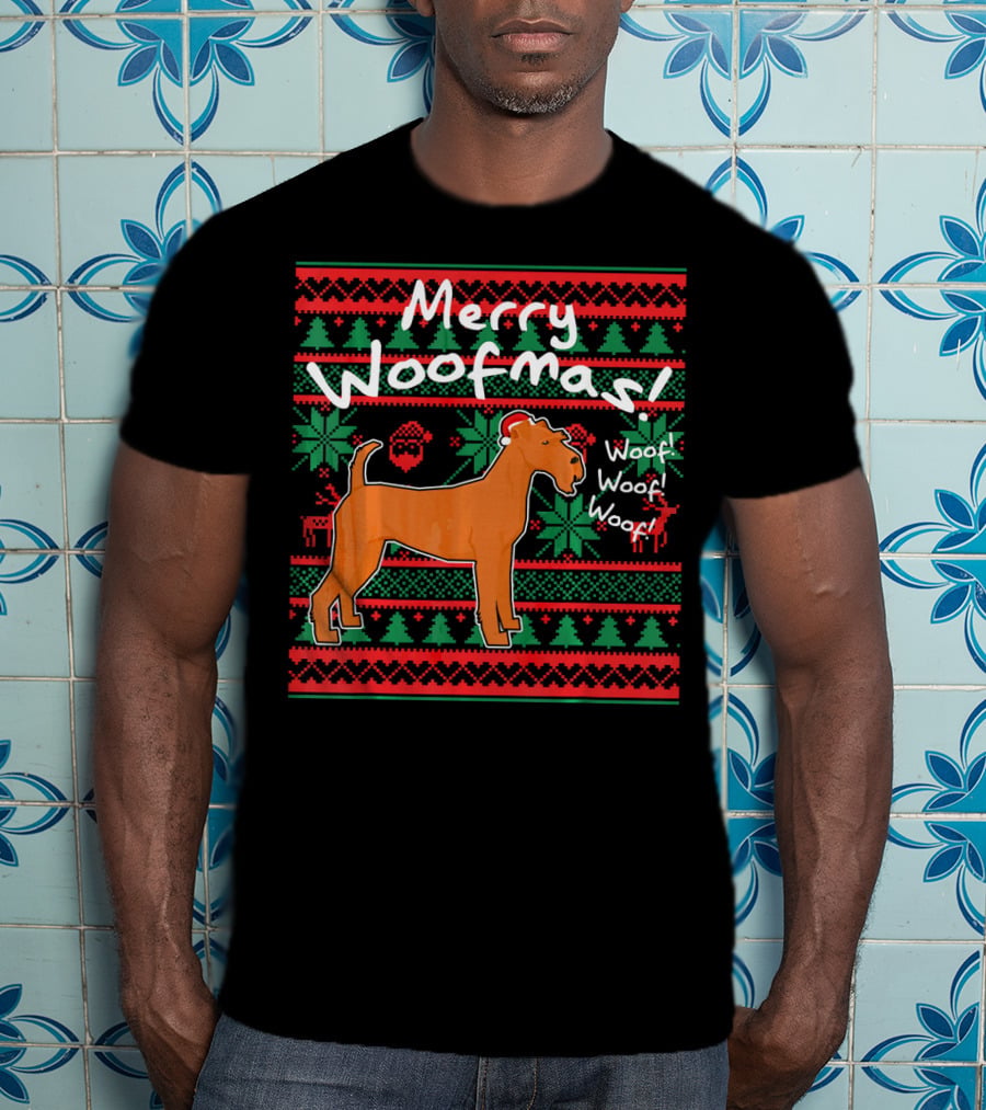 Merry Woofmas Irish Terrier Dog Woof Woof Santas Hat Fair Isle Pattern Sweater Holiday T-Shirt