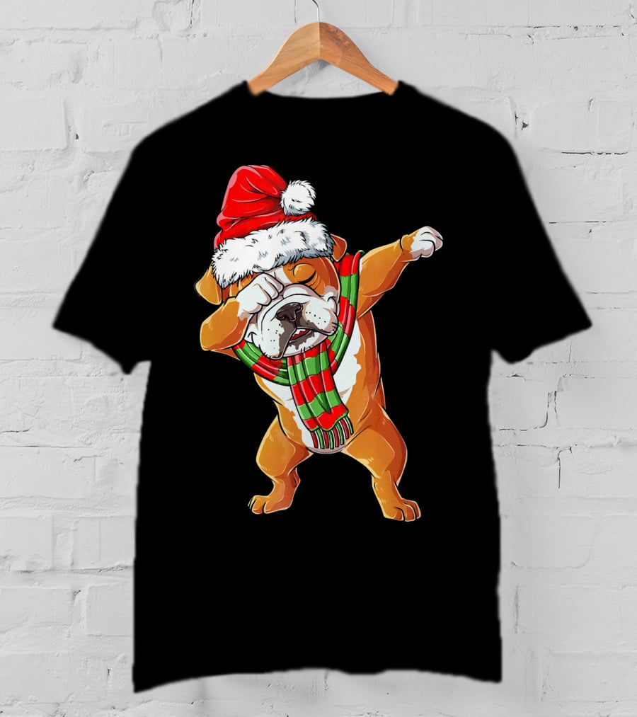 Dabbing English Bulldog Santa Claus With Christmas Hat And Scarf T-Shirt