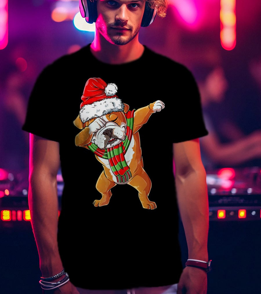Dabbing English Bulldog Santa Claus With Christmas Hat And Scarf T-Shirt