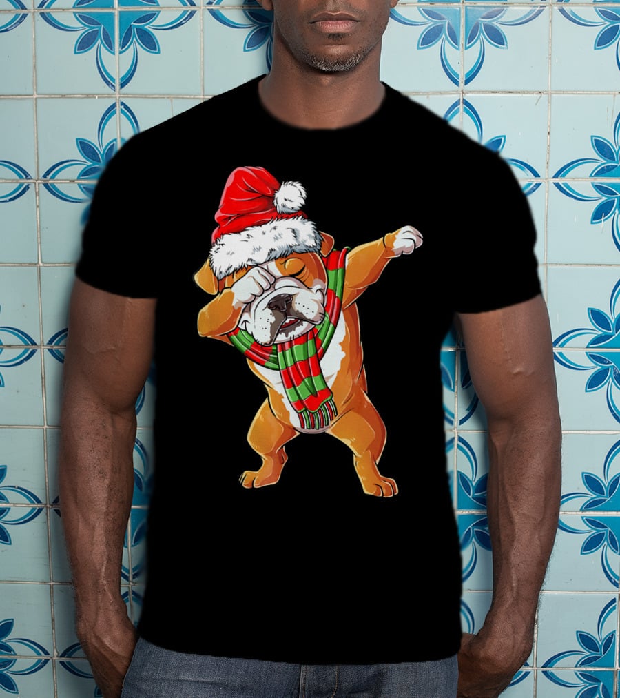 Dabbing English Bulldog Santa Claus With Christmas Hat And Scarf T-Shirt