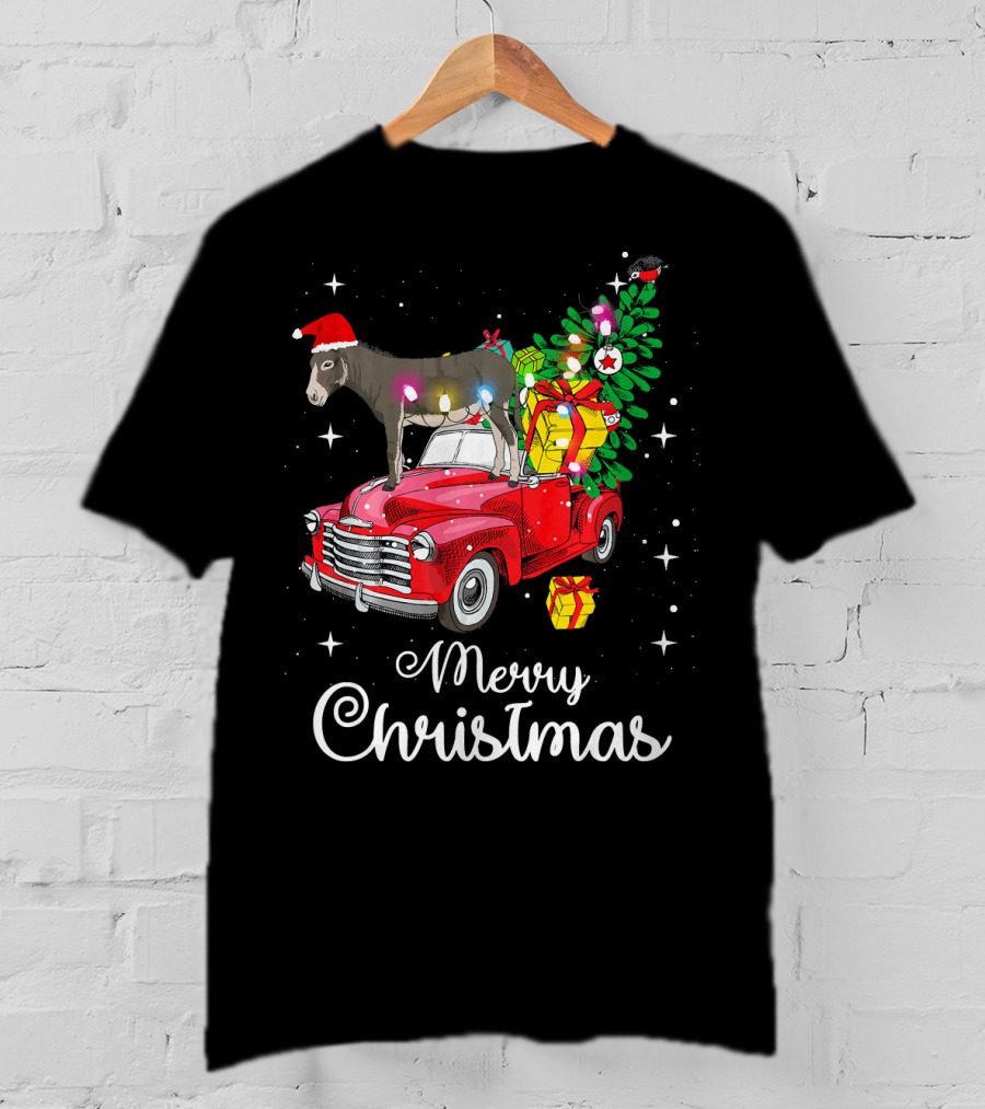 Merry Christmas Donkey Rides Red Truck With Santa Hat And Presents T-Shirt