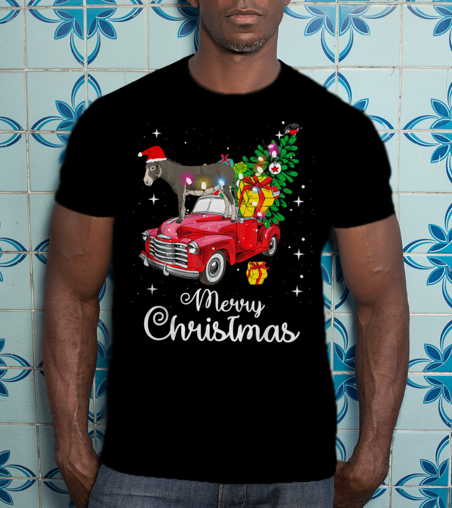 Merry Christmas Donkey Rides Red Truck With Santa Hat And Presents T-Shirt