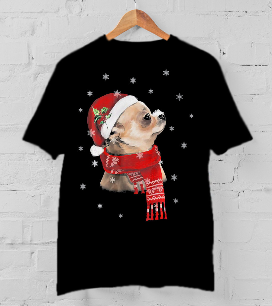 Chihuahua Christmas Cute Chihuahua Lover Festive Santa Hat And Scarf Snowflakes T-Shirt