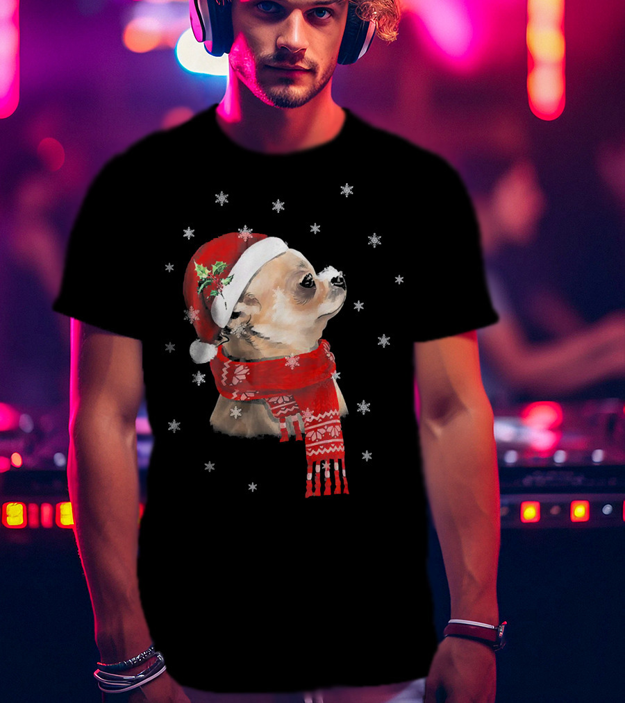 Chihuahua Christmas Cute Chihuahua Lover Festive Santa Hat And Scarf Snowflakes T-Shirt