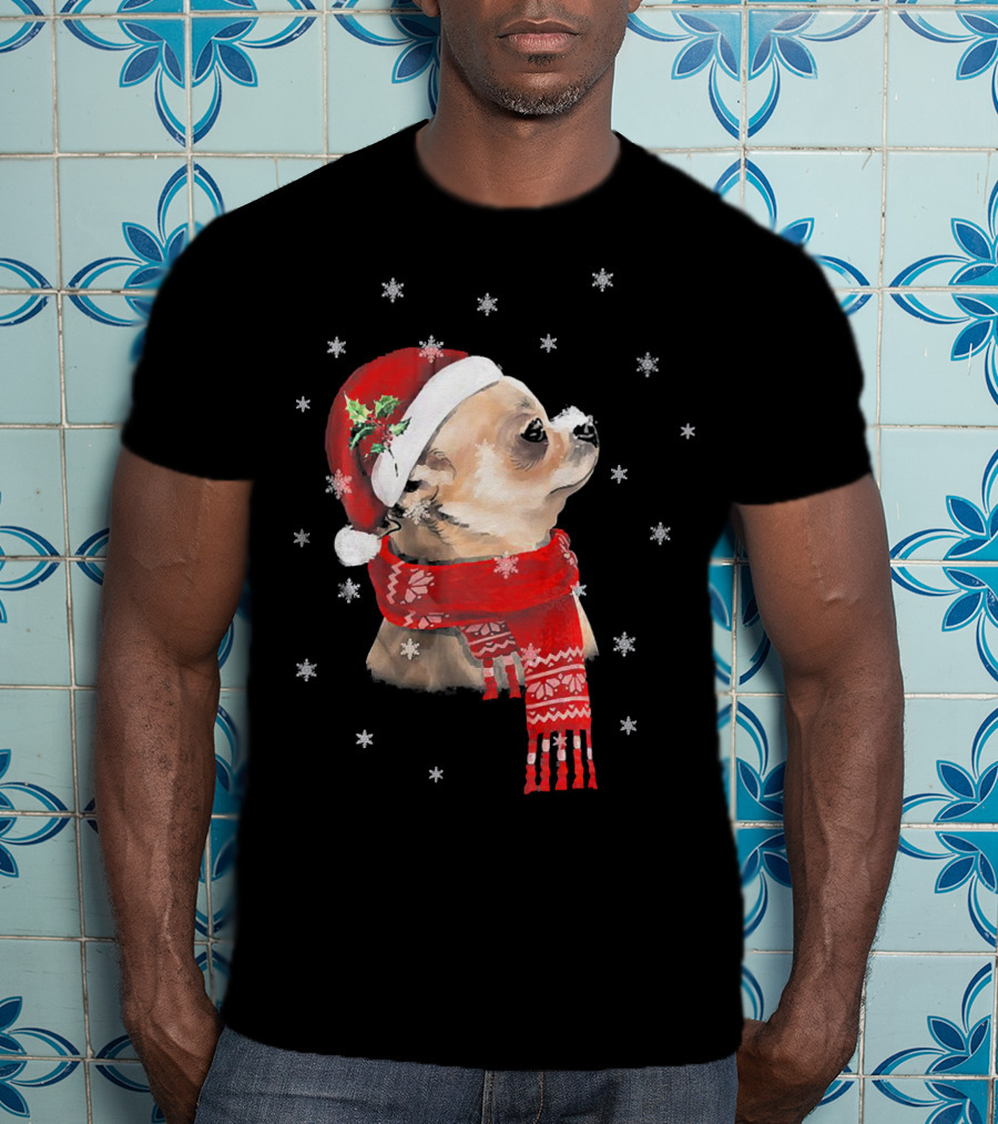 Chihuahua Christmas Cute Chihuahua Lover Festive Santa Hat And Scarf Snowflakes T-Shirt