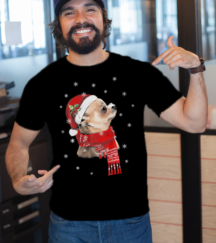 Chihuahua Christmas Cute Chihuahua Lover Festive Santa Hat And Scarf Snowflakes T-Shirt