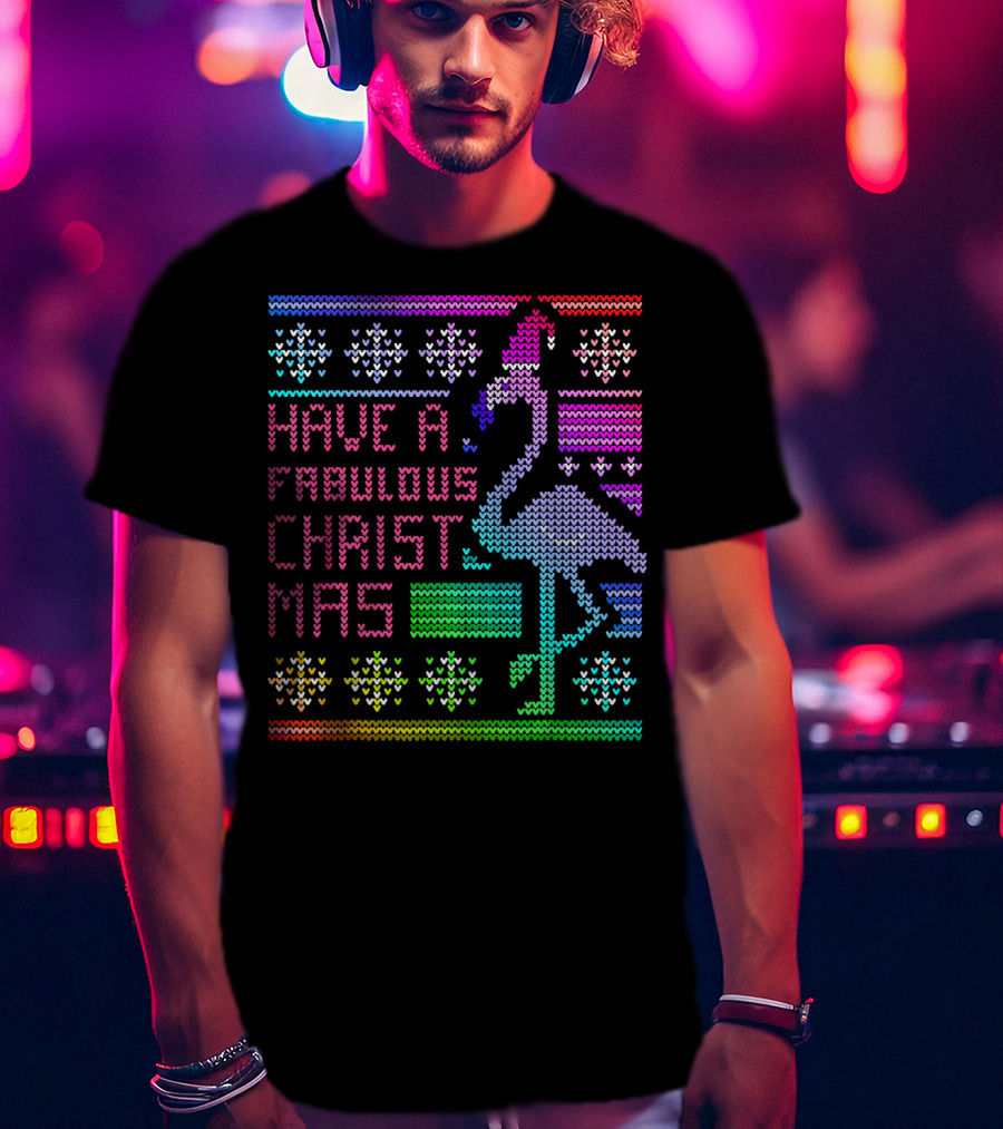 Have A Fabulous Christmas Flamingo Ugly Christmas Rainbow T-Shirt