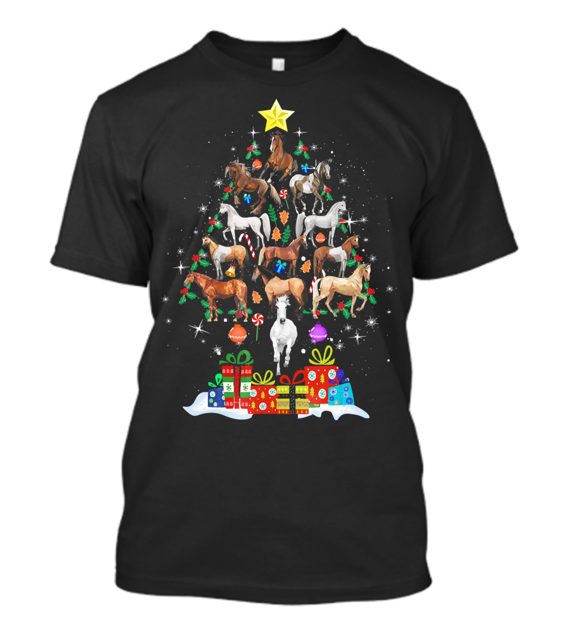 Horse Christmas Tree With Star And Holiday Gifts T-Shirt