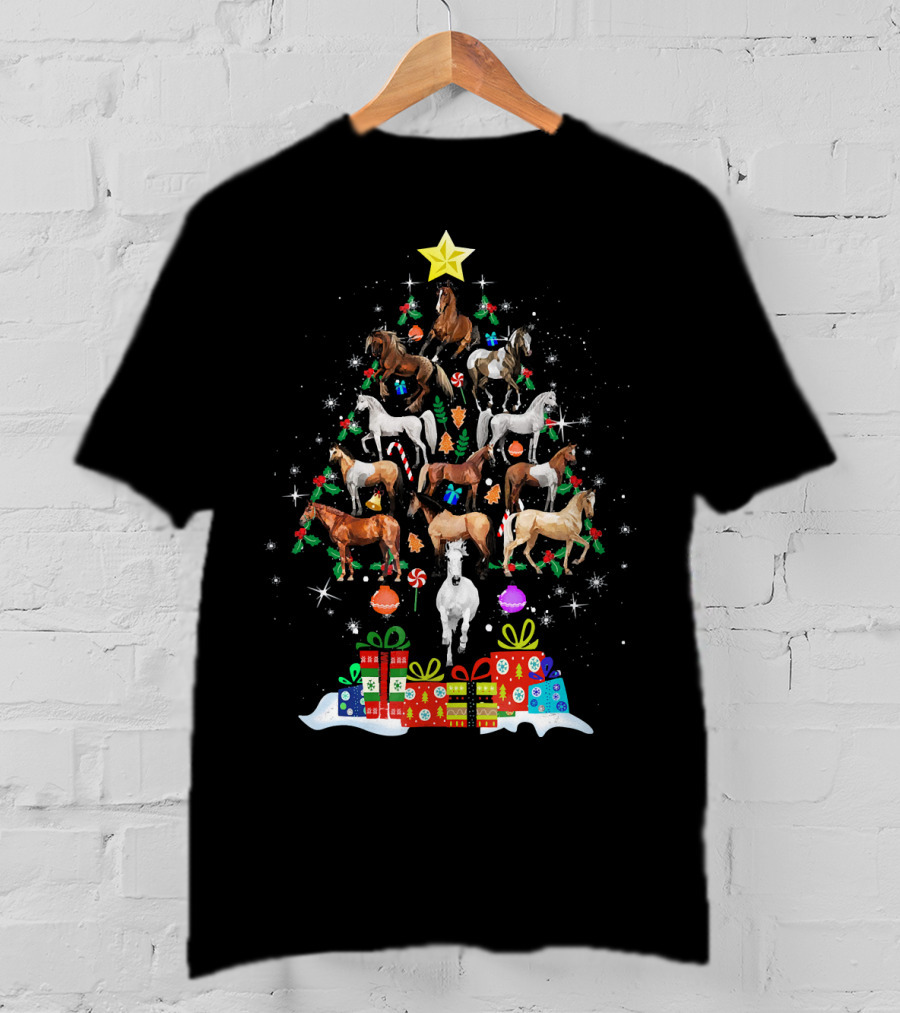 Horse Christmas Tree With Star And Holiday Gifts T-Shirt