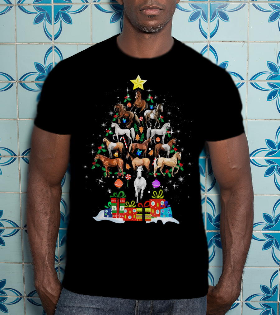 Horse Christmas Tree With Star And Holiday Gifts T-Shirt