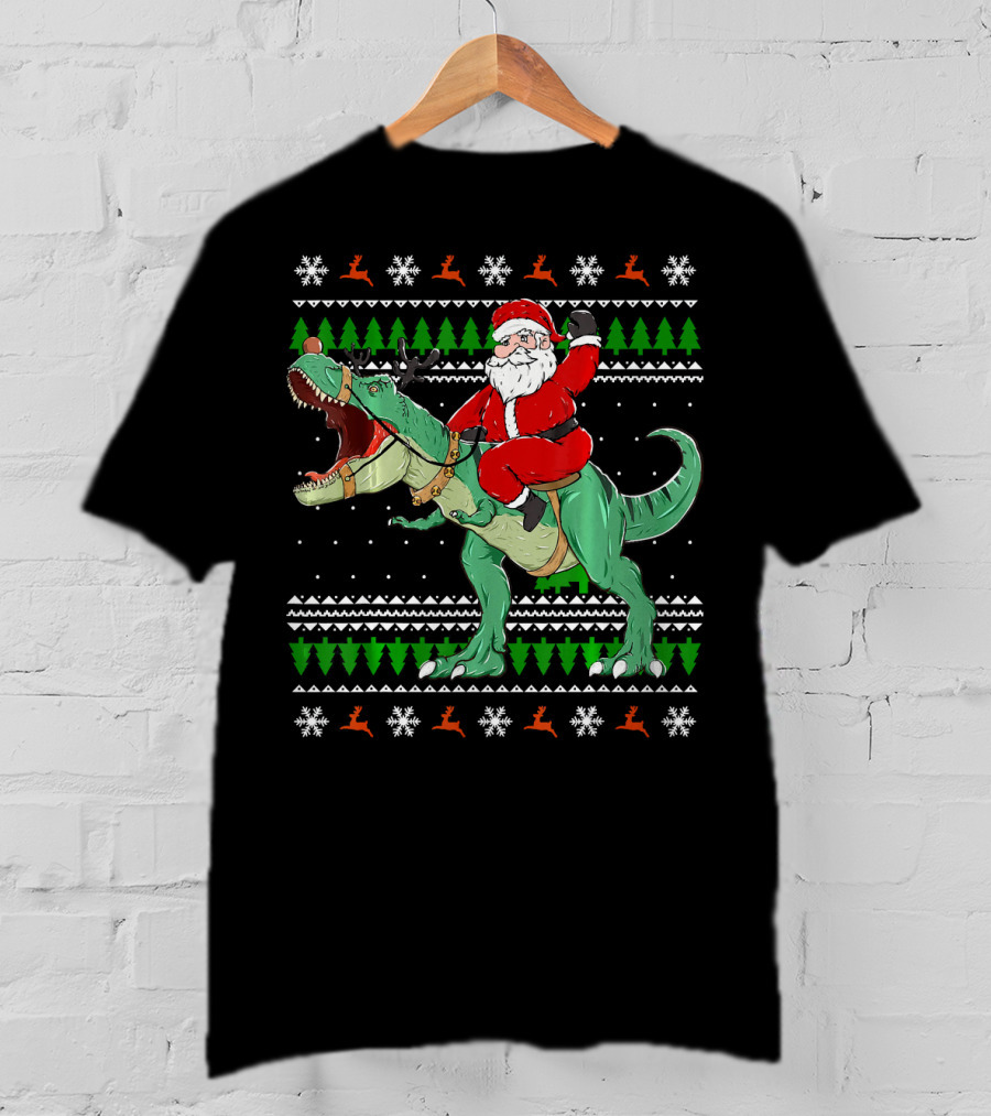 Santa Riding Dino Ugly Christmas Sweater With Snowflakes And Reindeer T-Shirt