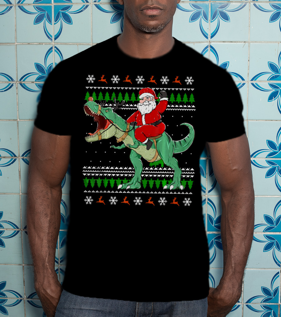 Santa Riding Dino Ugly Christmas Sweater With Snowflakes And Reindeer T-Shirt