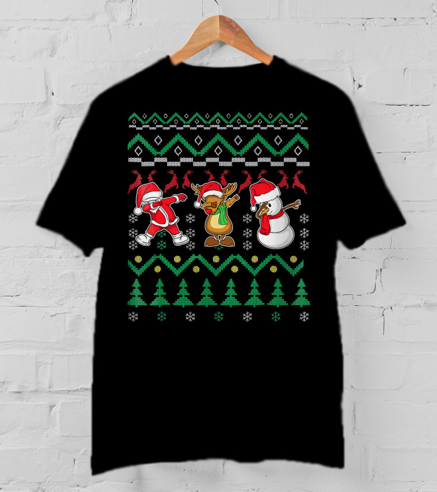 Santa Reindeer Snowman Dabbing Christmas T-Shirt