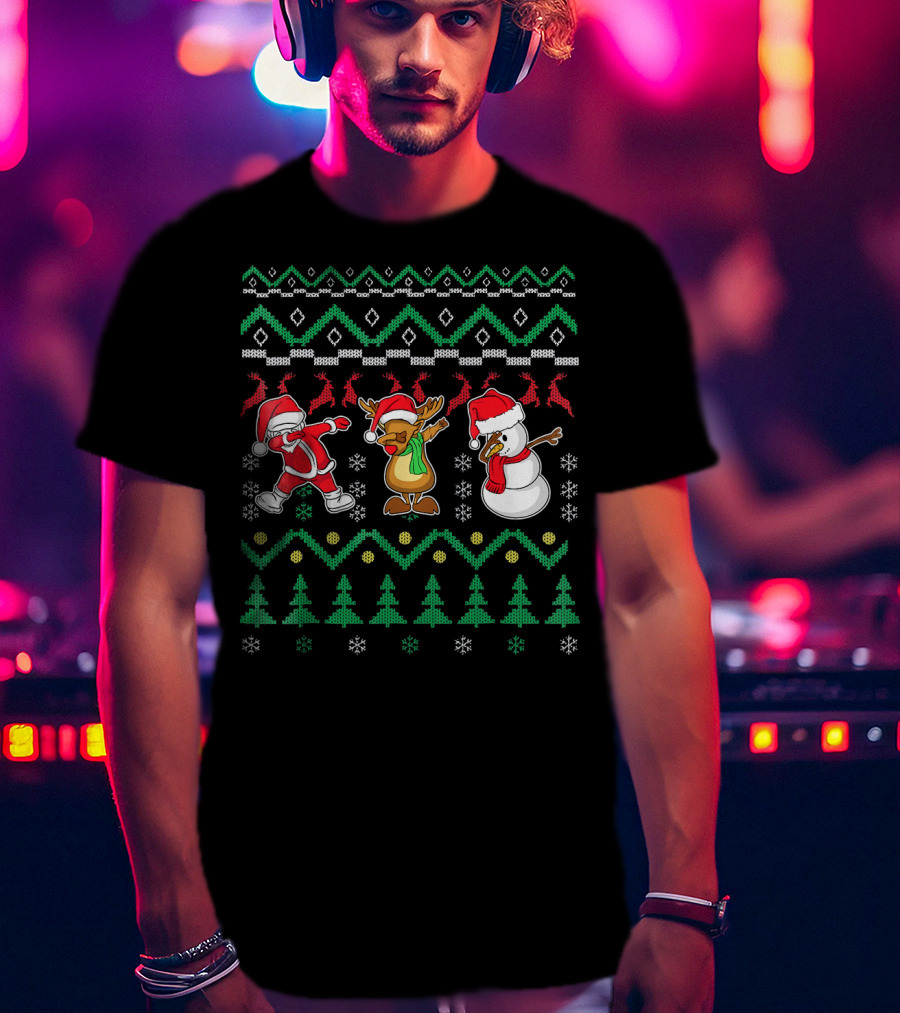 Santa Reindeer Snowman Dabbing Christmas T-Shirt