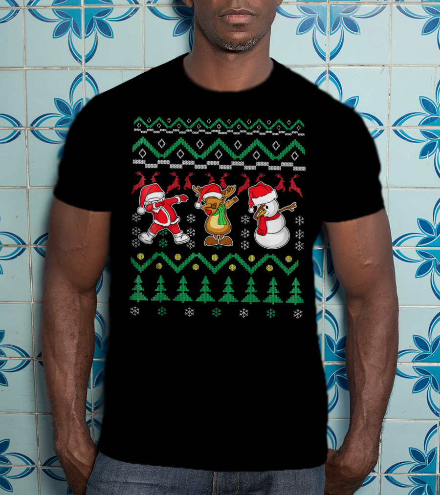 Santa Reindeer Snowman Dabbing Christmas T-Shirt