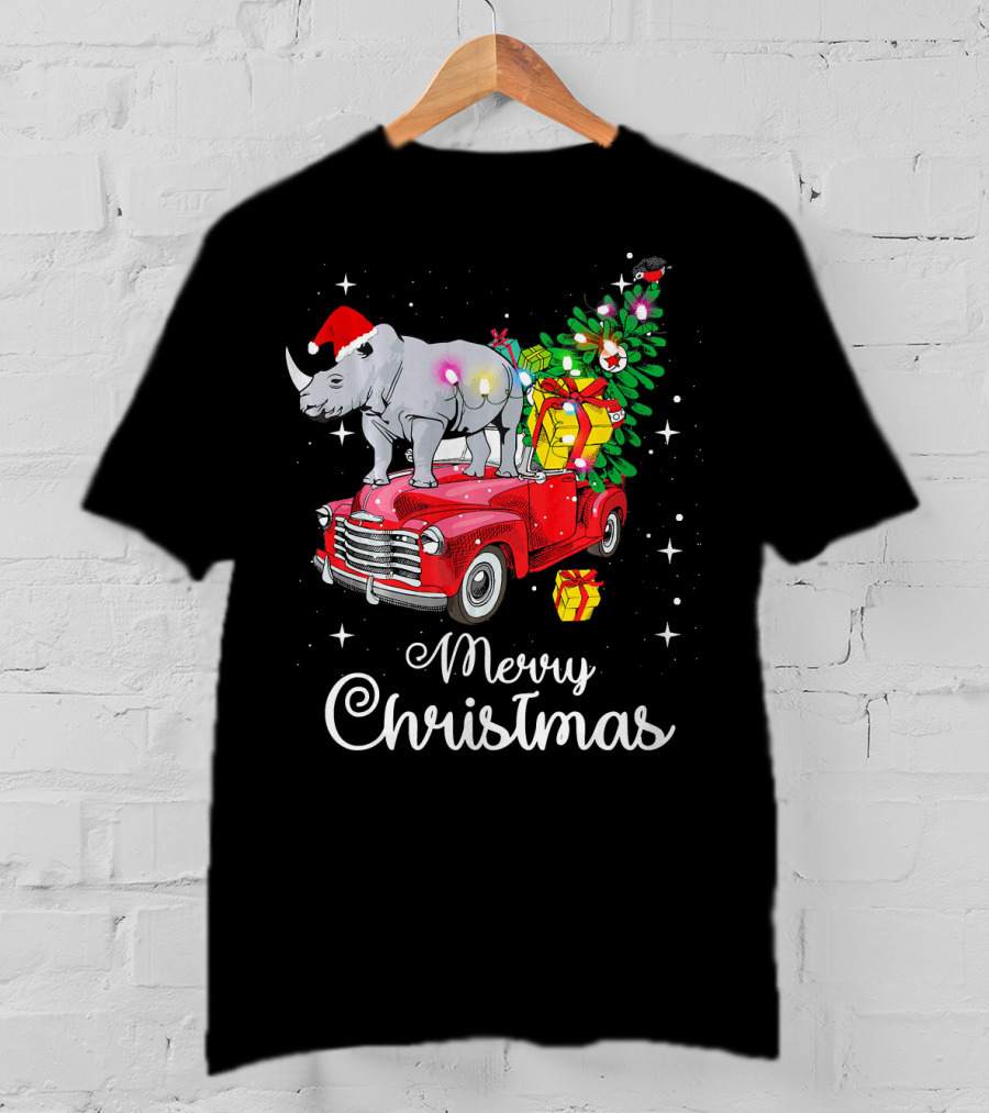 Merry Christmas Rhino Santa Hat On Red Truck With Christmas Tree And Gifts T-Shirt