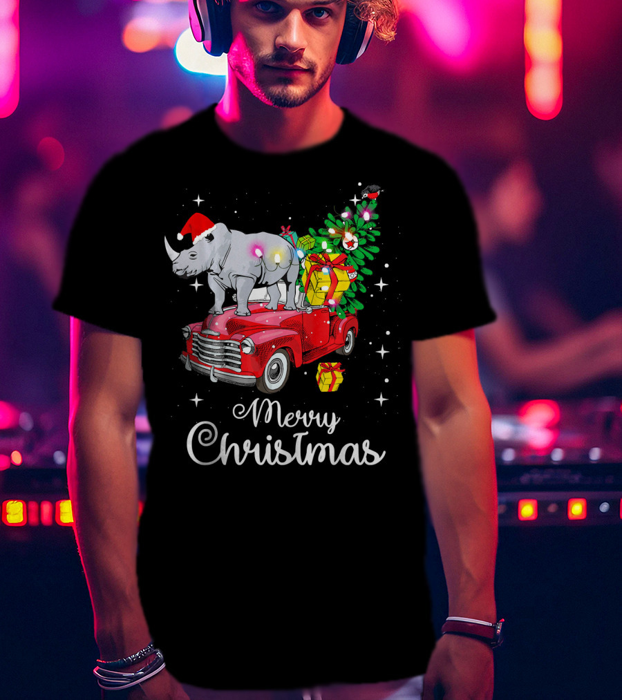 Merry Christmas Rhino Santa Hat On Red Truck With Christmas Tree And Gifts T-Shirt