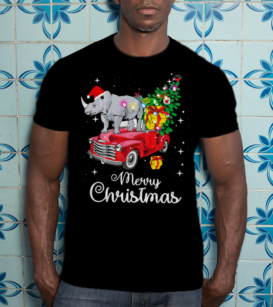 Merry Christmas Rhino Santa Hat On Red Truck With Christmas Tree And Gifts T-Shirt