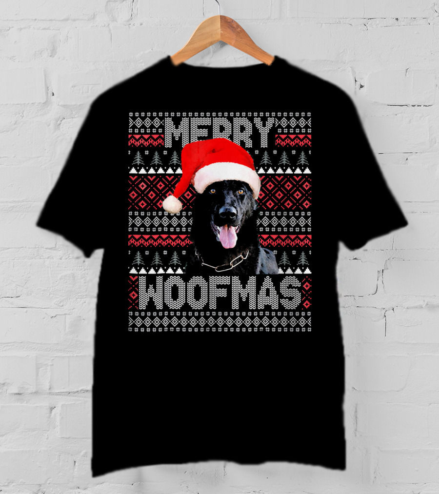 Merry Woofmas German Shepherd In Santa Hat With Festive Knitting T-Shirt
