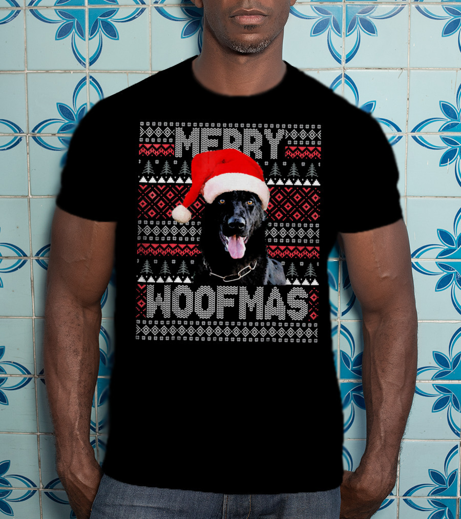 Merry Woofmas German Shepherd In Santa Hat With Festive Knitting T-Shirt