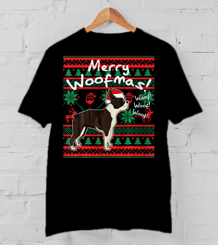 Merry Woofmas Boston Terrier Woof Woof Santa Hat Christmas T-Shirt