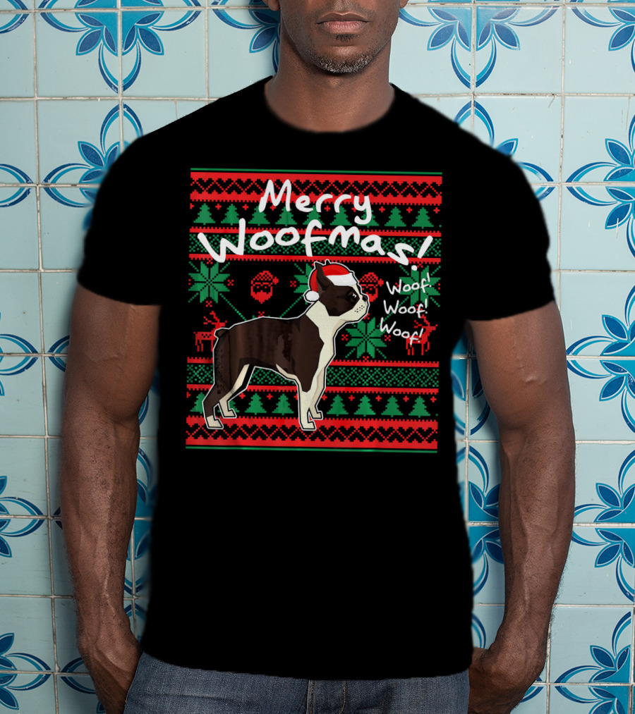 Merry Woofmas Boston Terrier Woof Woof Santa Hat Christmas T-Shirt