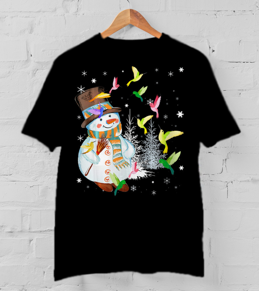 Merry Hummingbird Snowman With Colorful Birds And Snowflakes T-Shirt