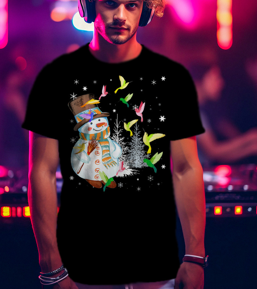 Merry Hummingbird Snowman With Colorful Birds And Snowflakes T-Shirt