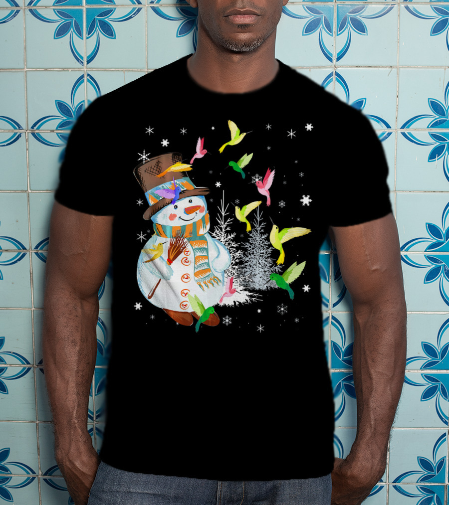 Merry Hummingbird Snowman With Colorful Birds And Snowflakes T-Shirt