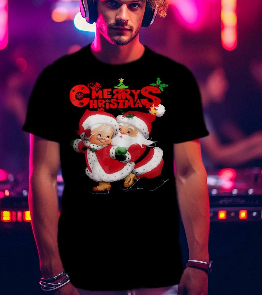 Merry Christmas Cute Mrs Claus And Santa Skating T-Shirt
