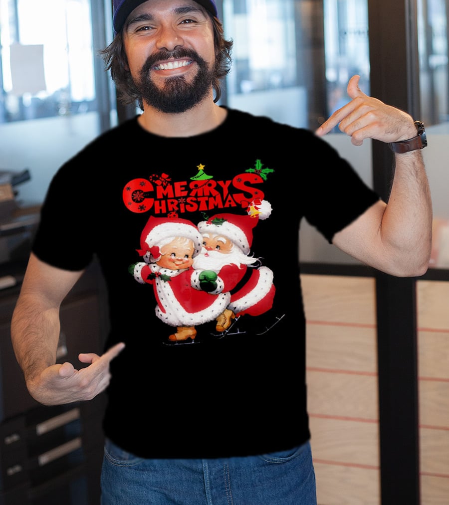 Merry Christmas Cute Mrs Claus And Santa Skating T-Shirt