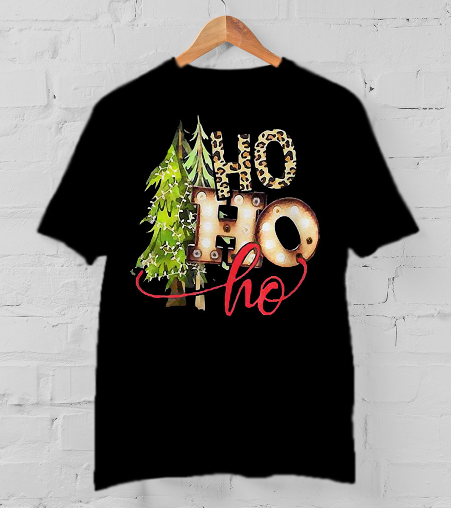 Pine Trees Ho Ho Ho Christmas Lights Leopard Print T-Shirt