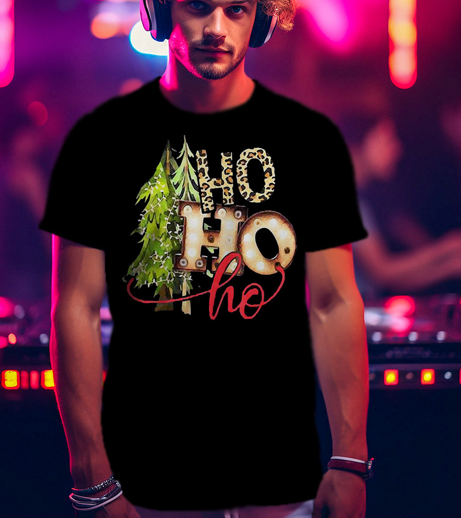 Pine Trees Ho Ho Ho Christmas Lights Leopard Print T-Shirt