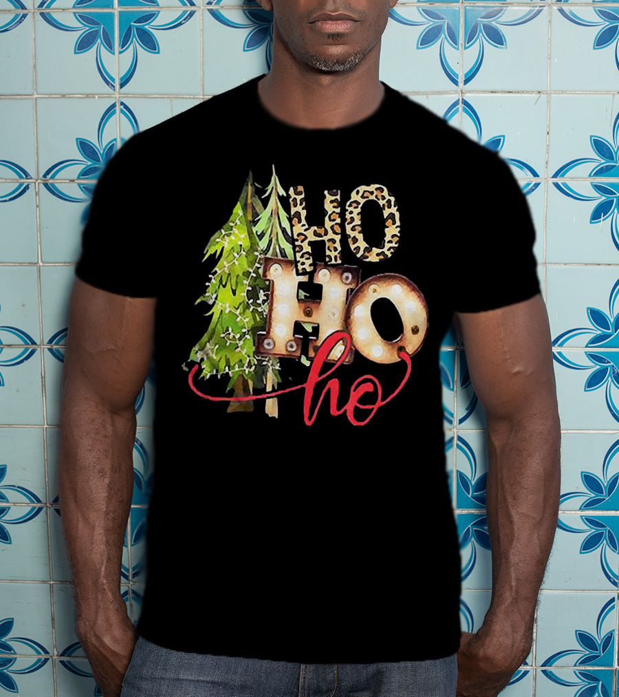 Pine Trees Ho Ho Ho Christmas Lights Leopard Print T-Shirt