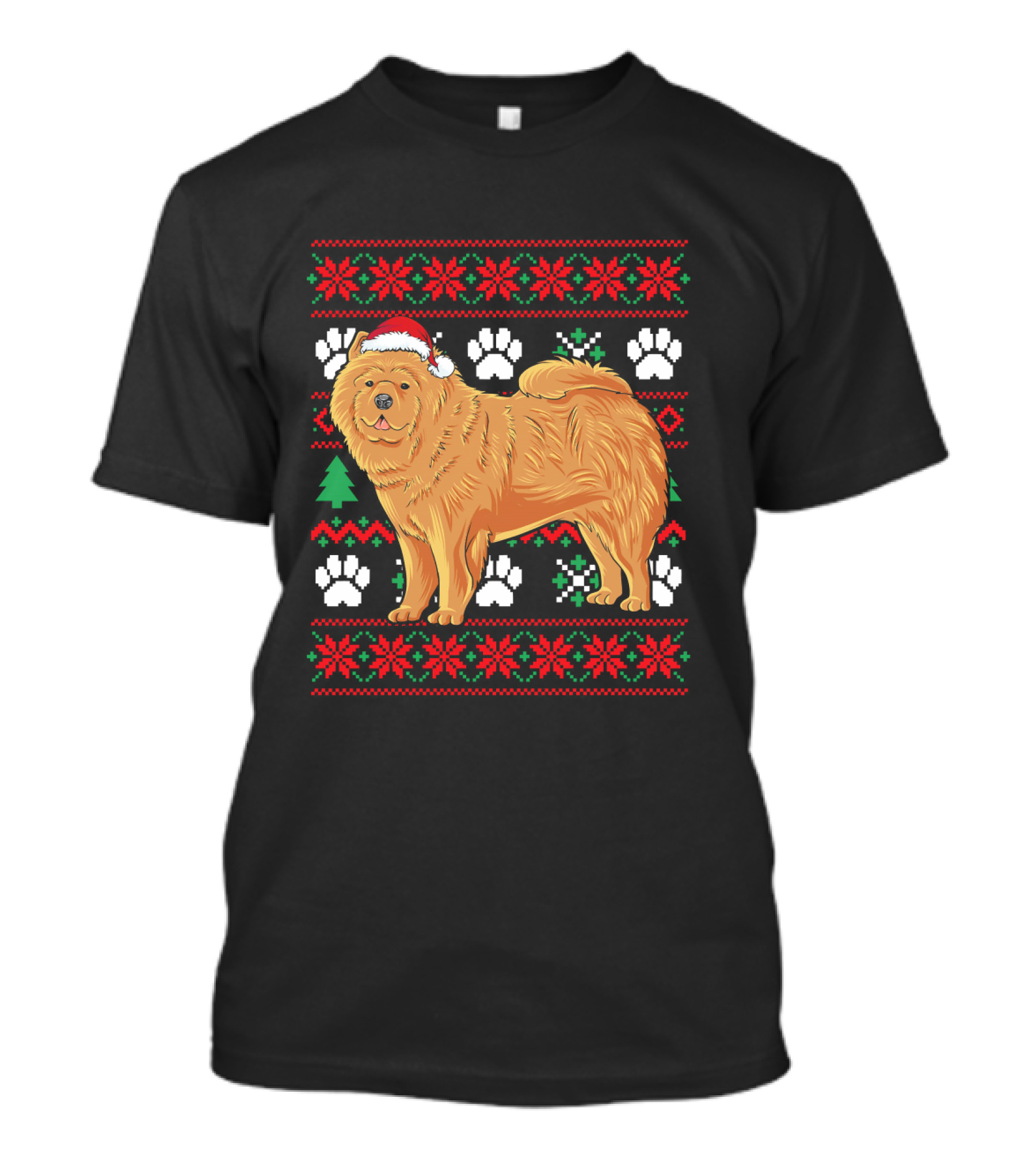 Chow Chow Ugly Christmas Sweater With Santa Hat And Paw Prints T-Shirt